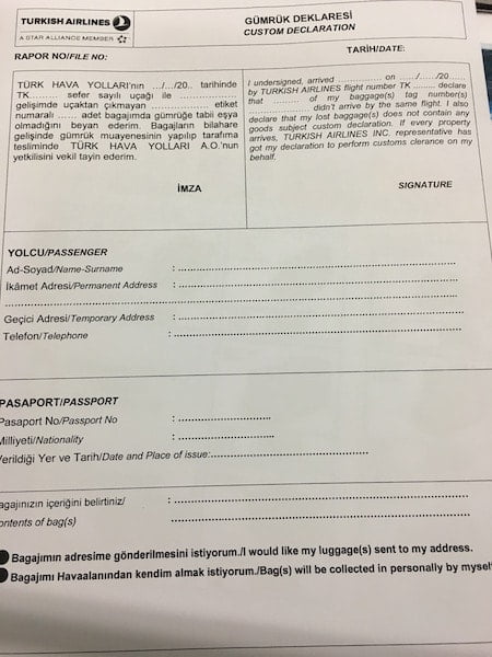 THY Kayıp bagaj ve gümrük bildirim formu